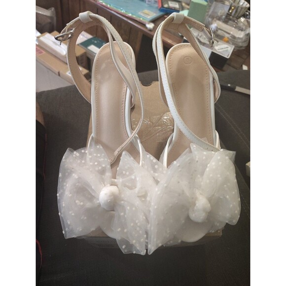 Womens Bow Cute Wedding Bridal Shoes Size 6 Bow Tie Heels Sandals Slingback - Picture 7 of 13
